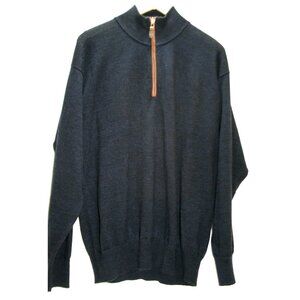Orvis Merino Wool Quarter Zip Sweater Mens L Blue Leather Trim Heritage Luxury